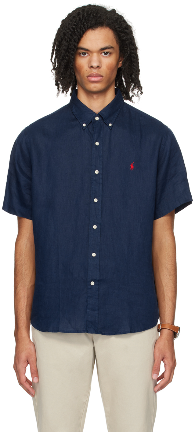 Shop Polo Ralph Lauren Navy Buttoned Shirt In Newport Navy
