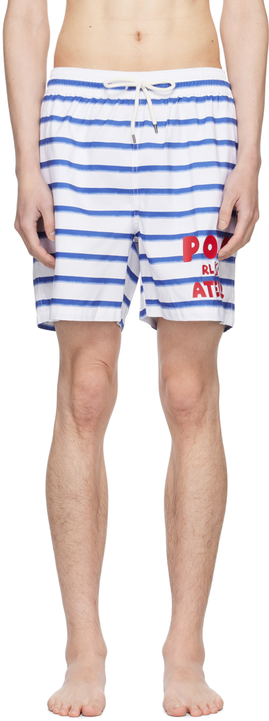 Shop Polo Ralph Lauren Blue & White Traveler Swim Shorts In Striped Polo Atelier