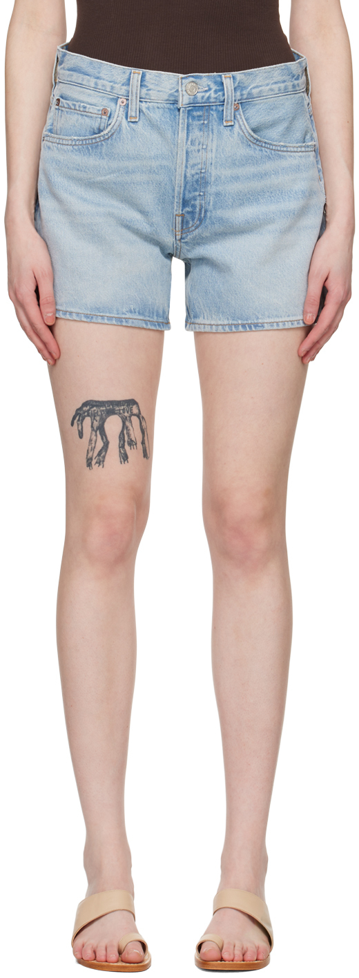 Agolde Blue Parker Long Denim Shorts In Feud (pale Ind)