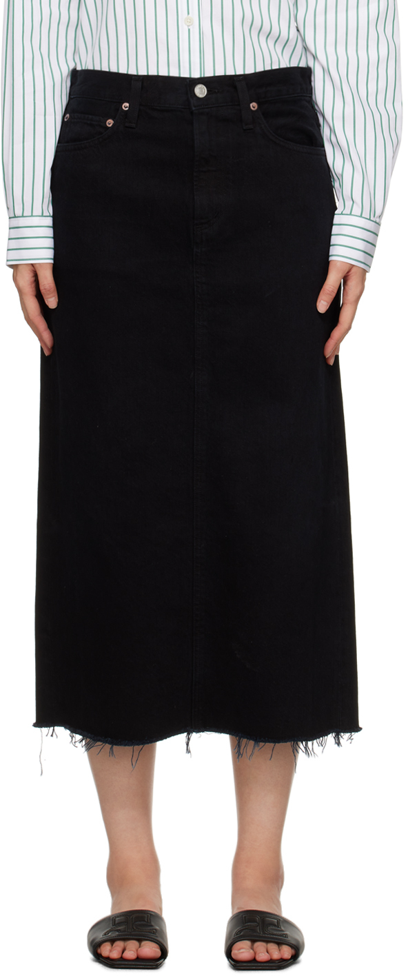 Shop Agolde Black Della Denim Midi Skirt In Despair (flat Blk)