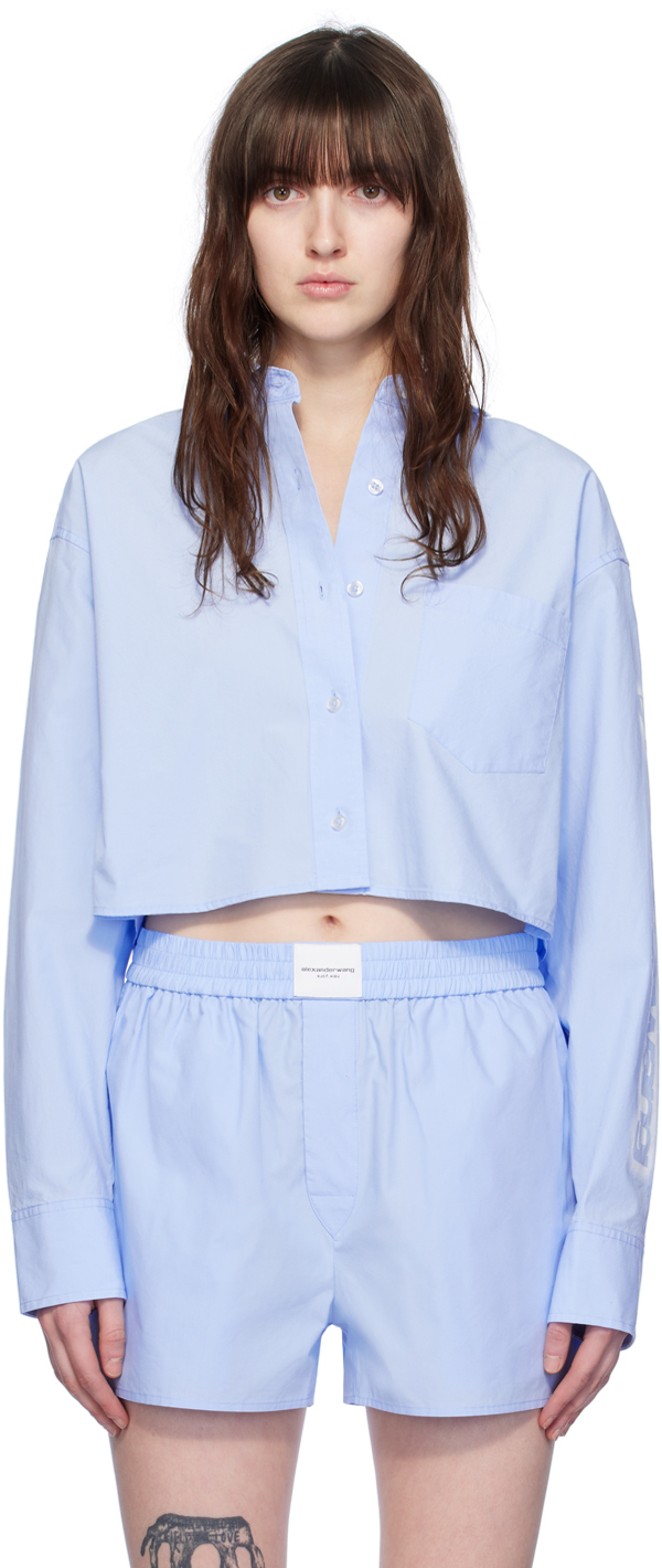 Shop Alexander Wang T Blue Cropped Shirt In 423 Chambray Blue