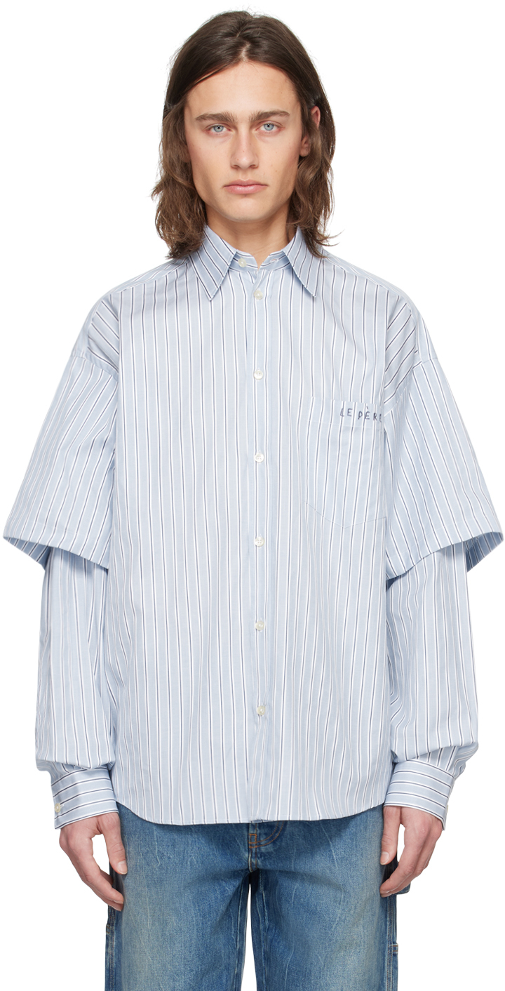 Le Pere Blue & White Double Sleeve Shirt In Office Blue
