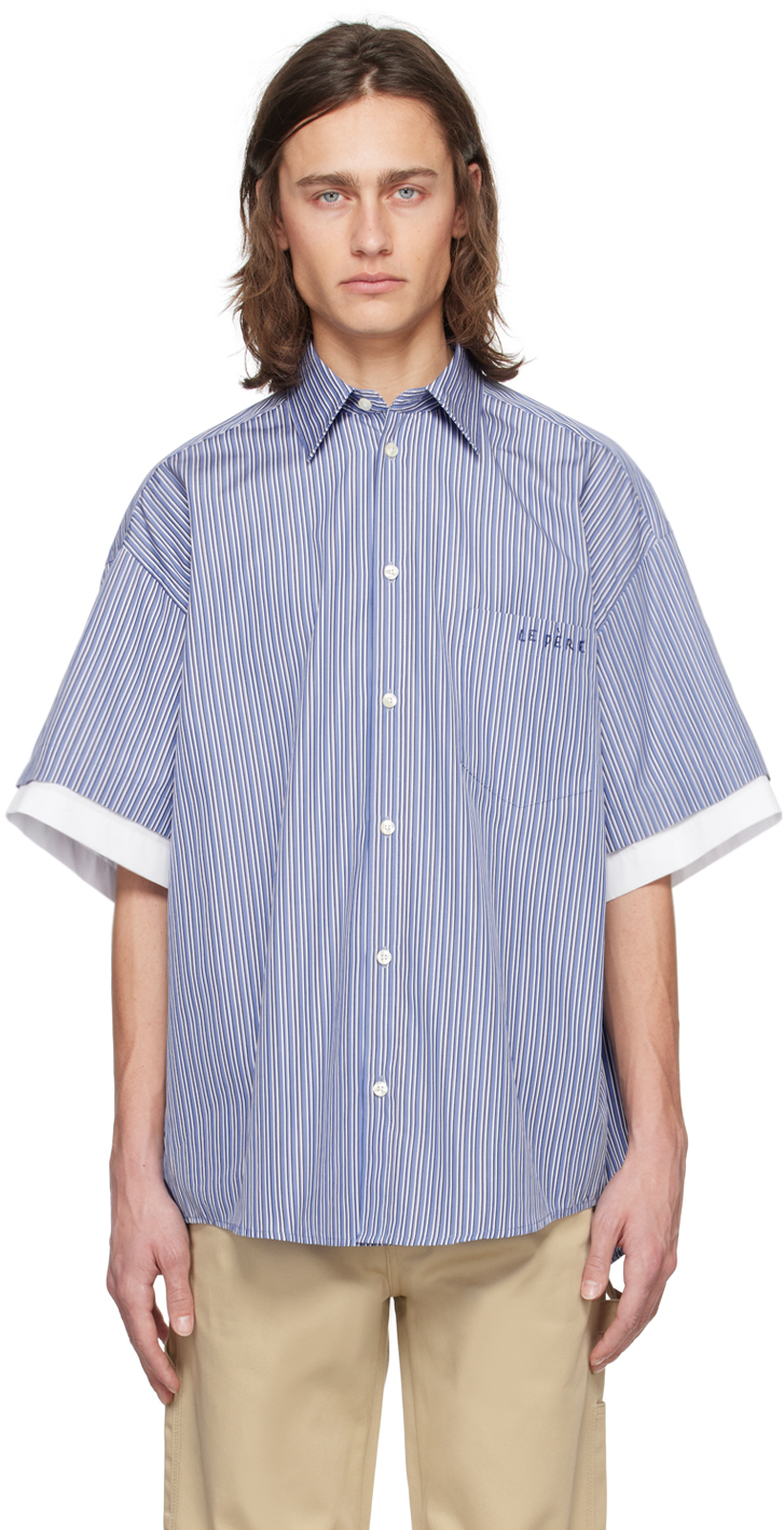 Le Pere Blue & White Double Short Sleeve Shirt In Office Violet