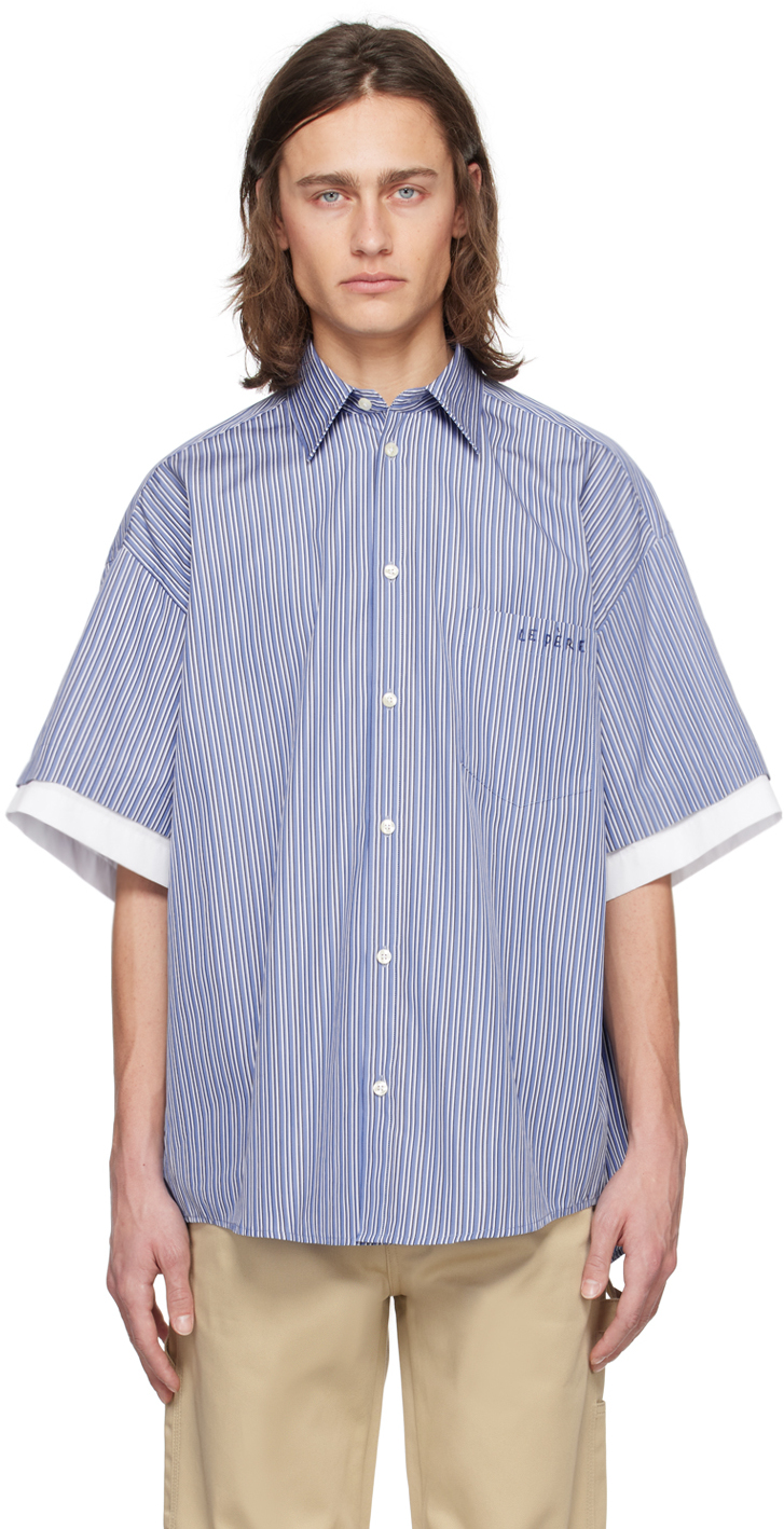 le PÈRE: Blue & White Double Short Sleeve Shirt | SSENSE