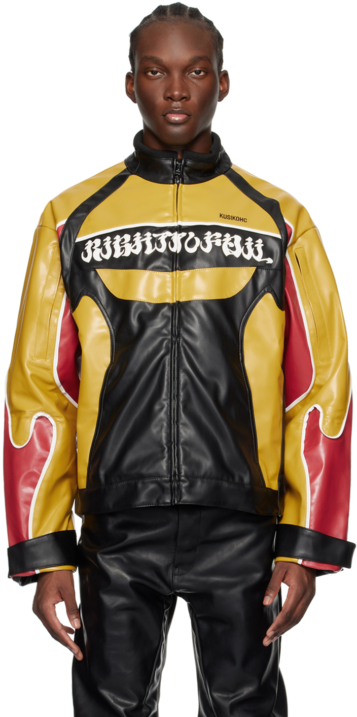Shop Kusikohc Black & Yellow Rider Faux-leather Jacket In Black/yellow Yasmine