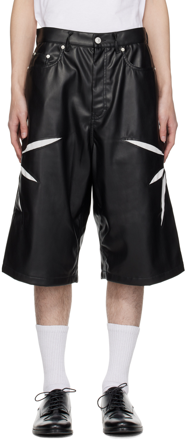 Shop Kusikohc Black Origami Cut-out Faux-leather Shorts In Black/cannoli Cream