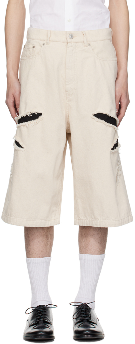 Shop Kusikohc Off-white Origami Cut-out Denim Shorts In Cannoli Cream/black