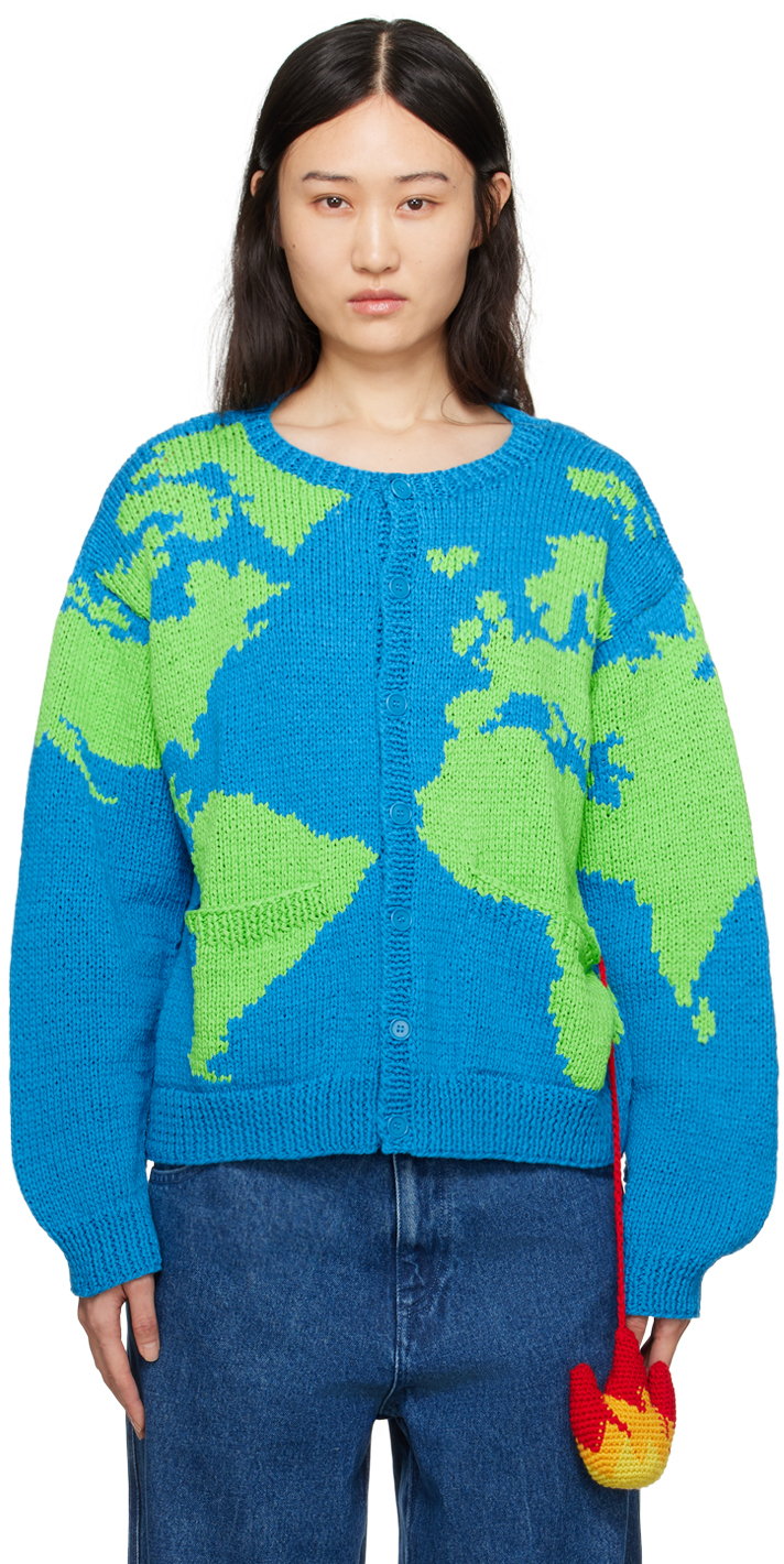 Shop Sky High Farm Workwear Blue & Green World Map Stuffie Cardigan In 1 Blue