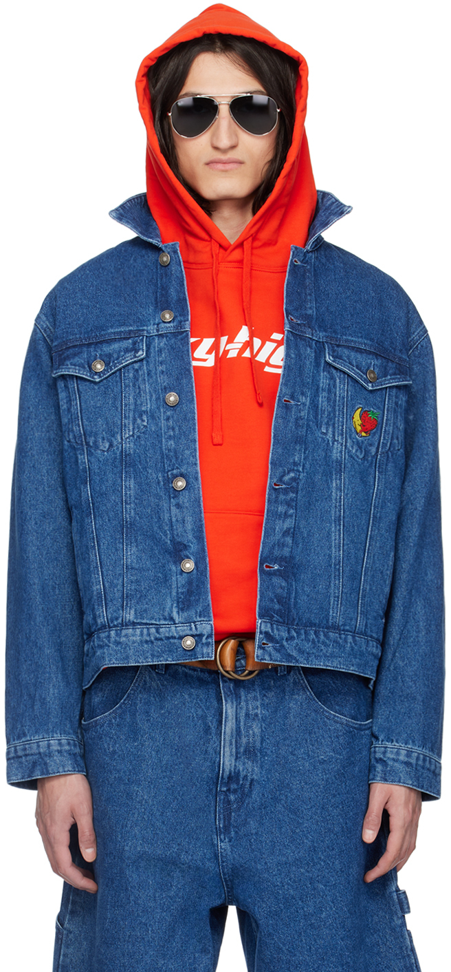 Shop Sky High Farm Workwear Navy Embroidered Denim Jacket In Blue