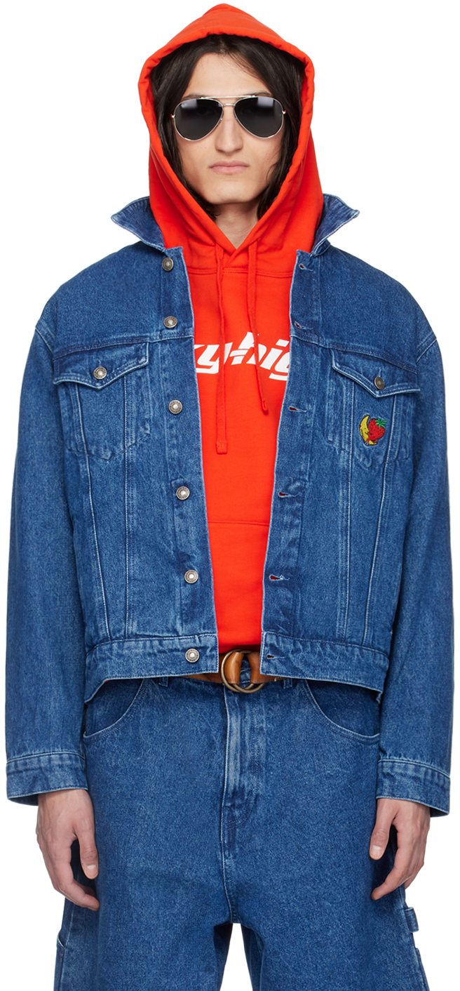 Navy Embroidered Denim Jacket by Sky High Farm Workwear on Sale