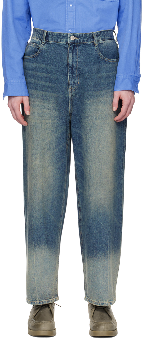 Indigo Rough Washed Wide Jeans