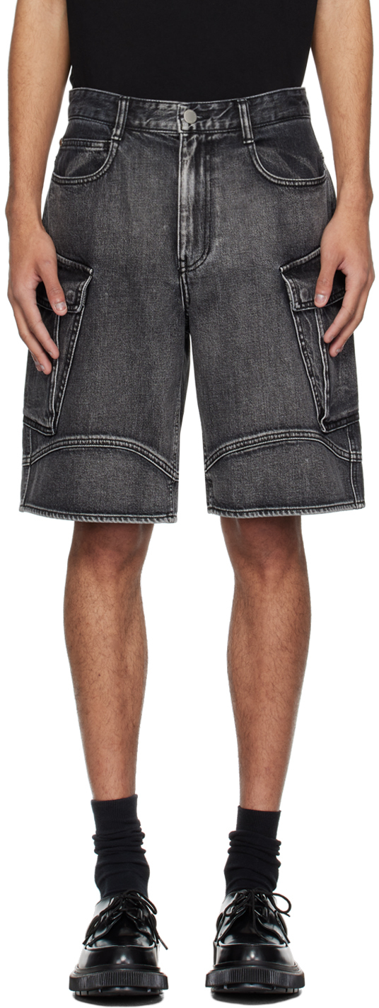Solid Homme Black Faded Denim Shorts In 523b Black