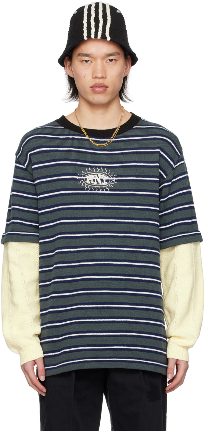 Rice Nine Ten Grey & Navy Layered Sleeve T-shirt In Greenish Grey