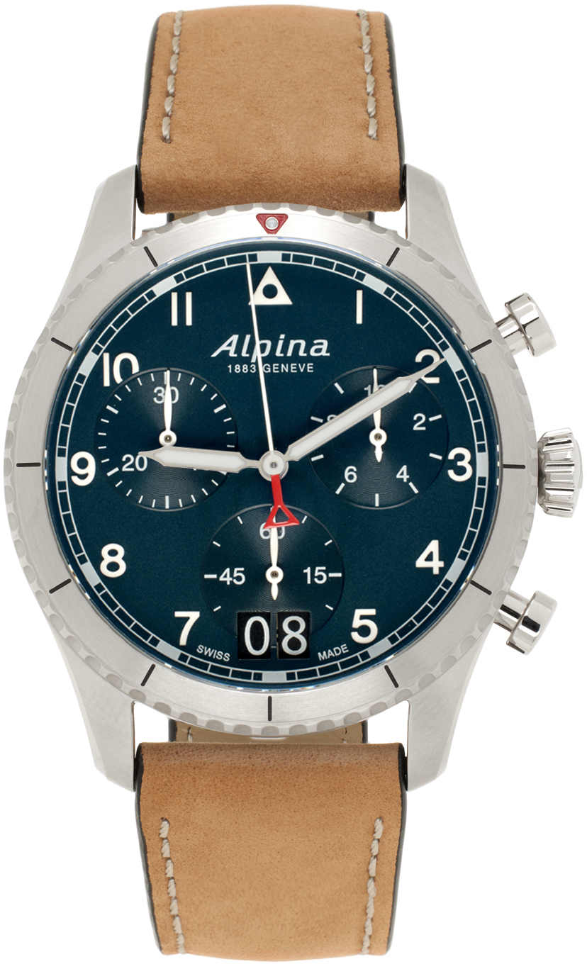 Alpina Brown Startimer Pilot Quartz Chronograph Watch In Silver-tone Leather