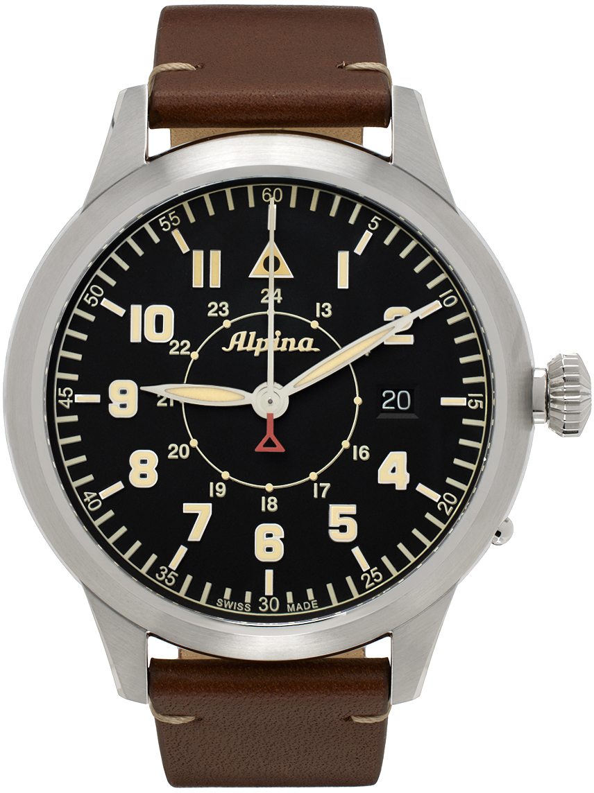 Shop Alpina Brown Startimer Pilot Heritage Automatic Watch In Silver-tone Leather