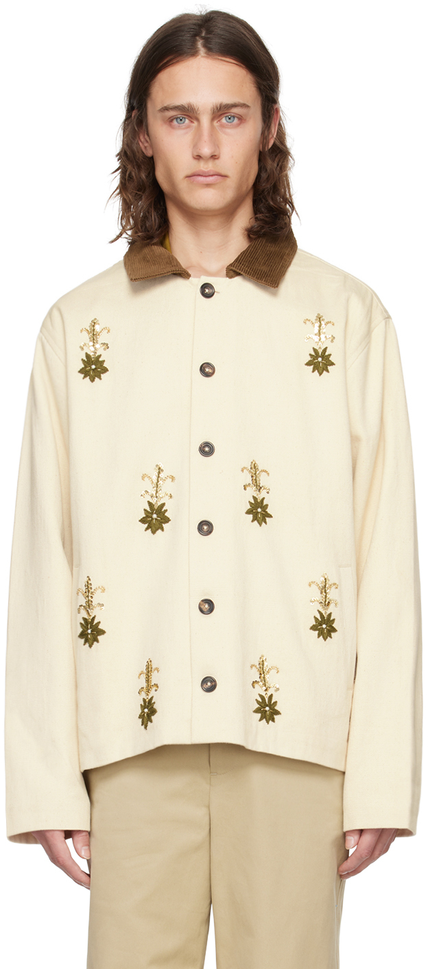 Kartik Research Off-white & Khaki Cropped Denim Jacket In Ecru/teak/gold