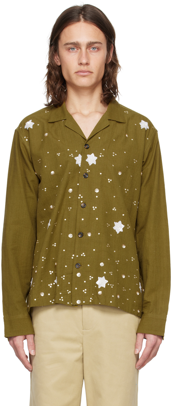 Kartik Research Green Sequinned Shirt In Moss/gold/white