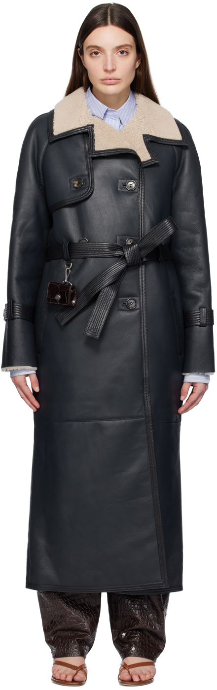 Navy Alexa Leather Trench Coat
