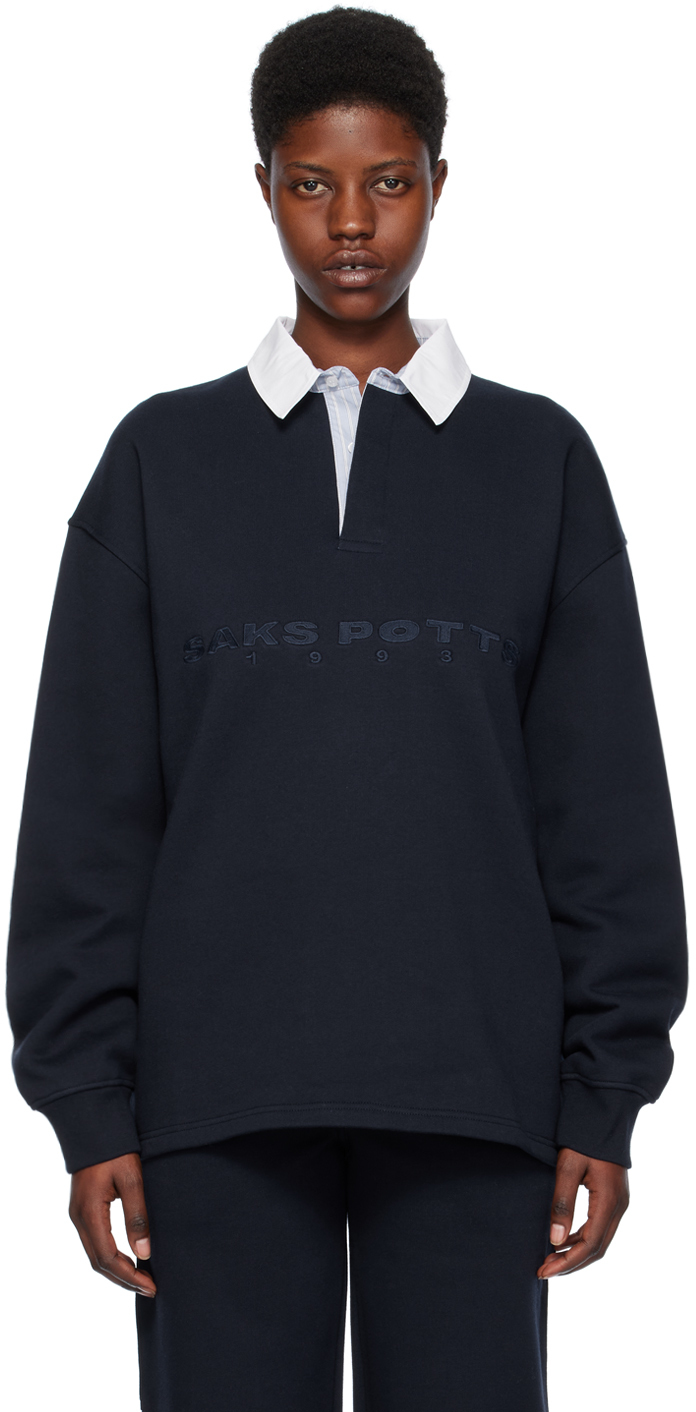 Saks Potts Rafael Organic Cotton-jersey Polo Sweatshirt In Navy