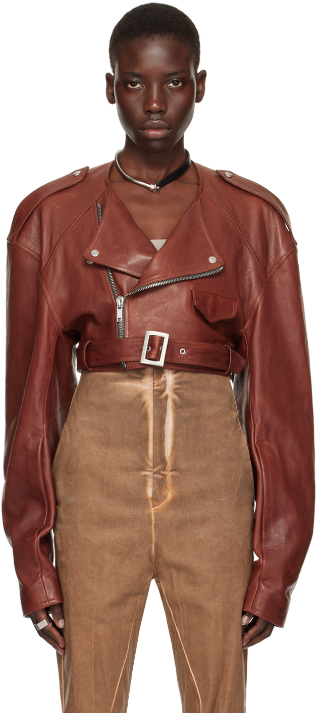 Shop Rick Owens Burgundy Micro Biker Leather Jacket In 73 Henna