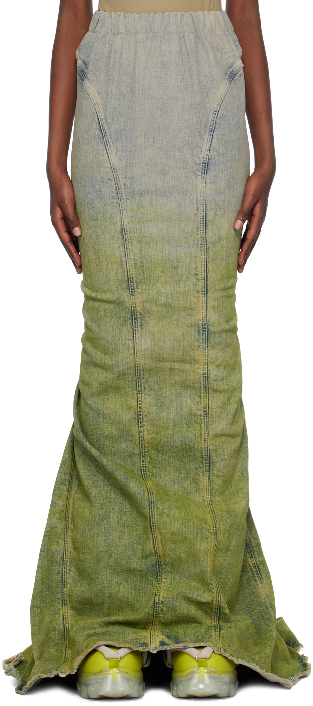 Moncler + Rick Owens Taupe & Green Al Denim Maxi Skirt
