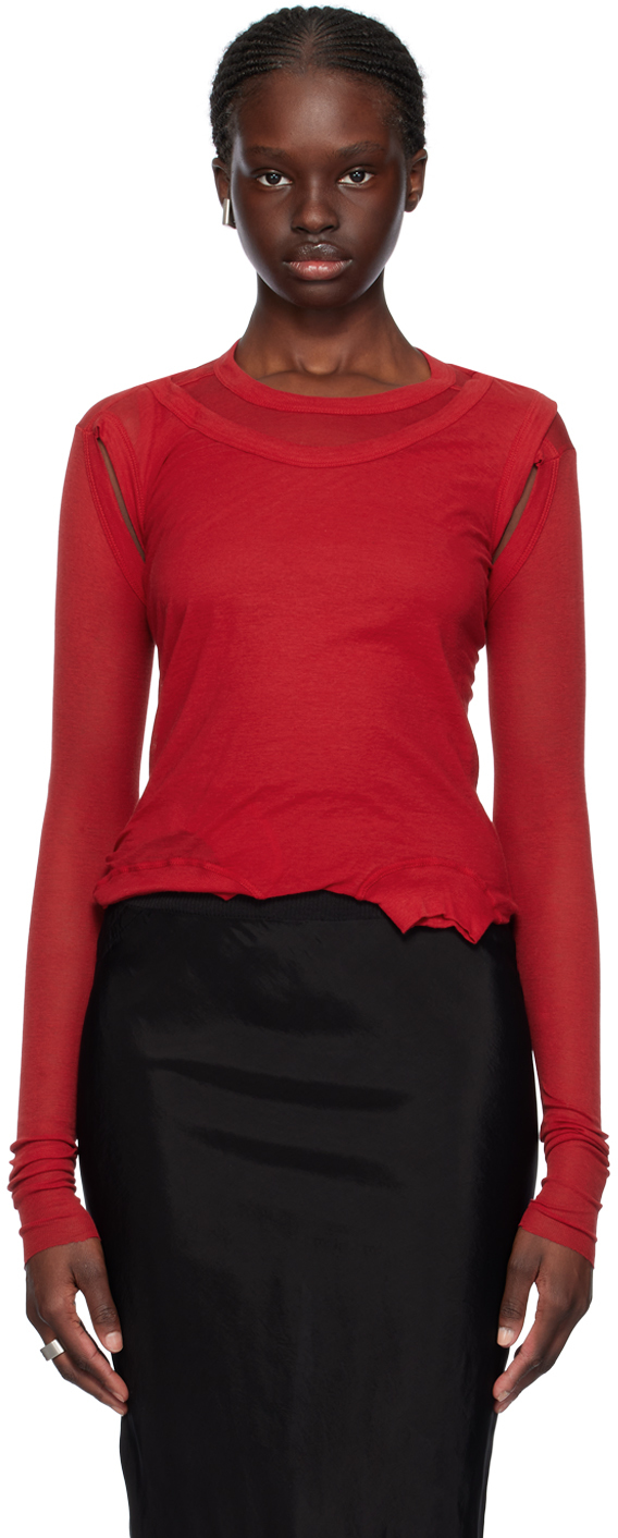 Red Cropped Banana Long Sleeve T-Shirt by Rick Owens on Sale