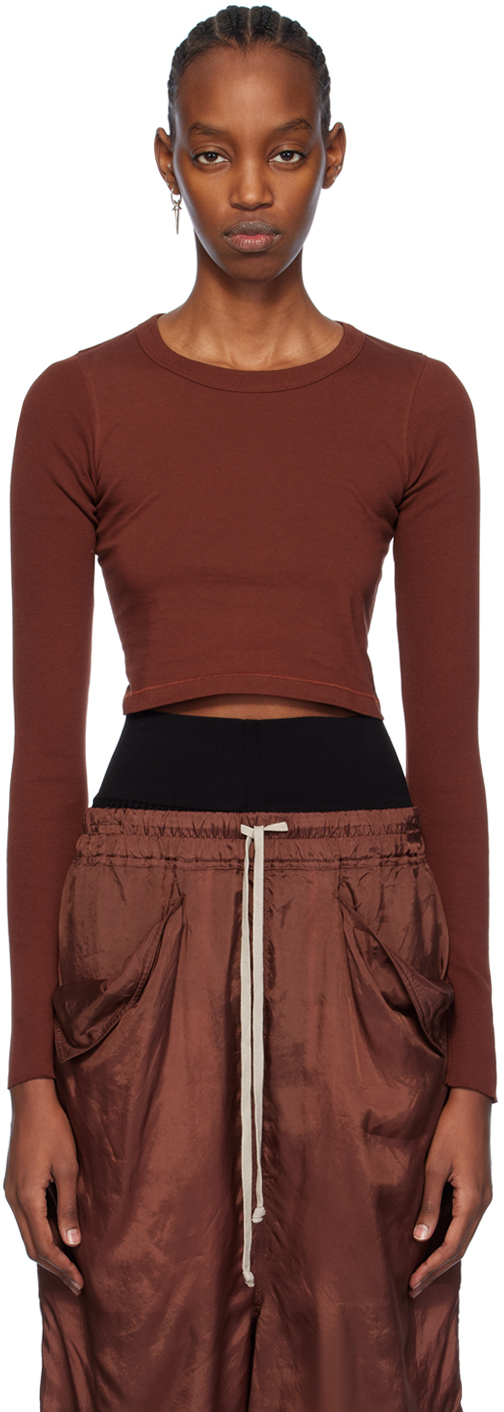 Rick Owens Brown Cropped Long Sleeve T-shirt In 73 Henna