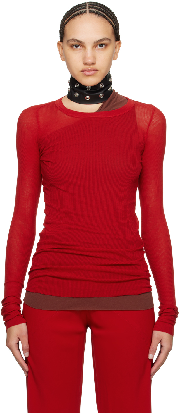 Rick Owens Red Crewneck Long Sleeve T-shirt In 03 Cardinal Red