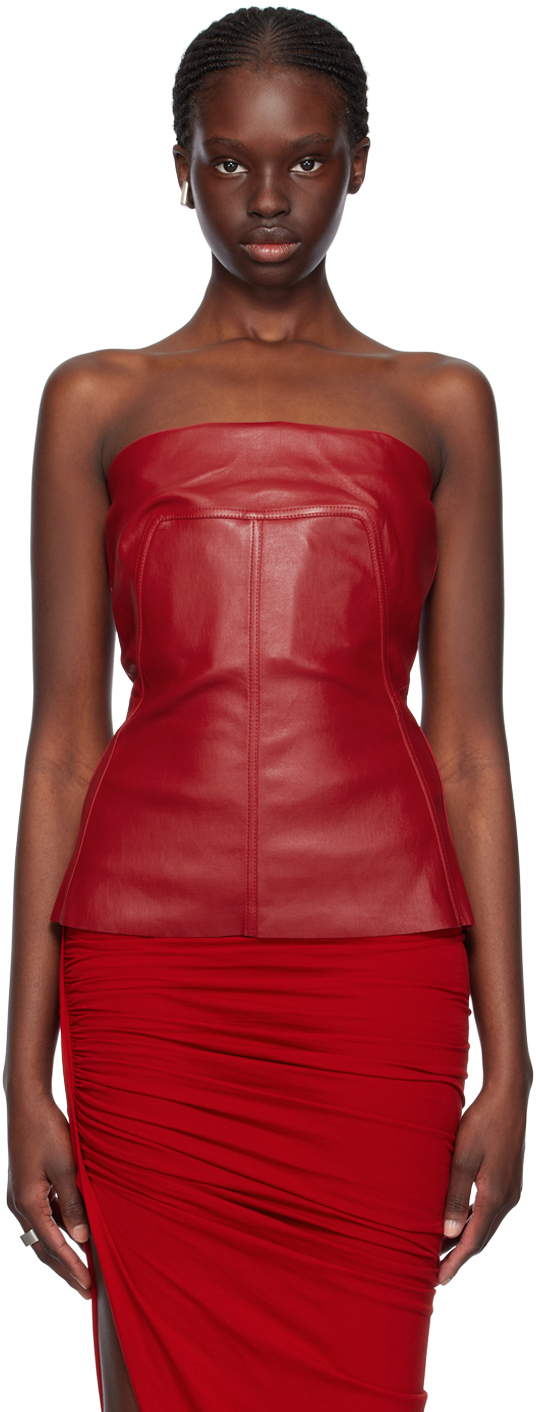 Shop Rick Owens Red Bustier Leather Tank Top In 03 Cardinal Red