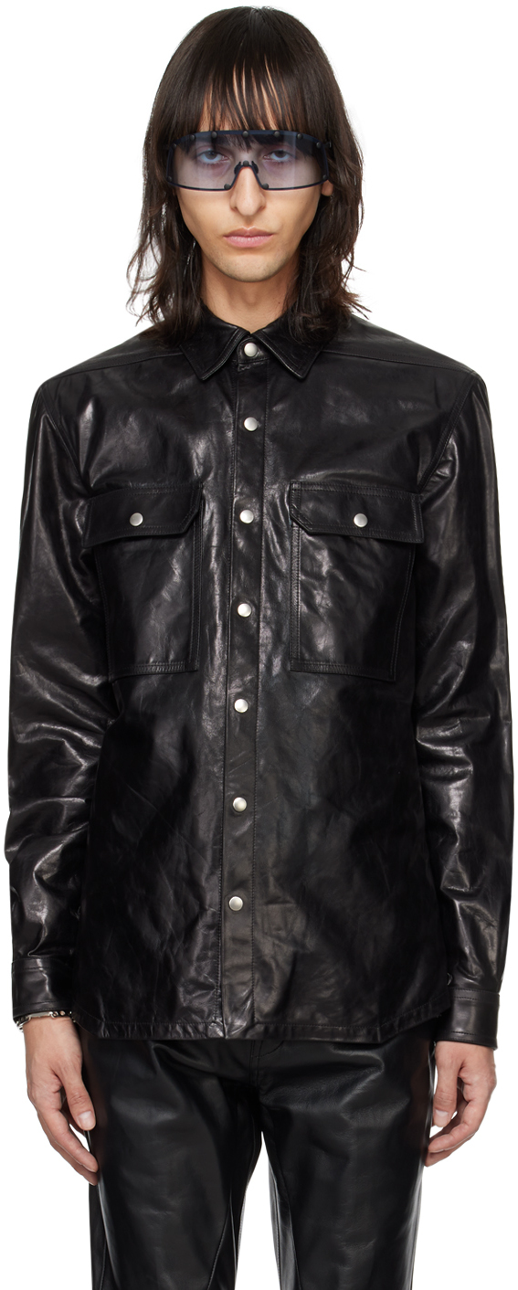 Rick Owens Black Outershirt Leather Jacket In 09 Black