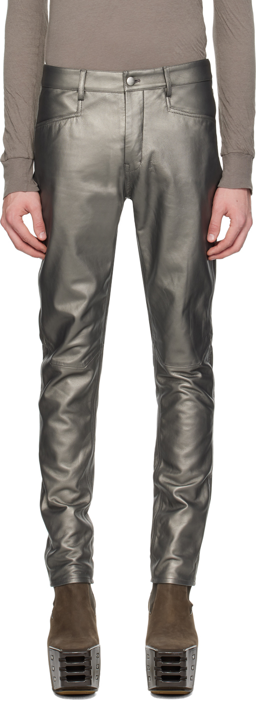 Gunmetal Tyrone Leather Pants by Rick Owens on Sale