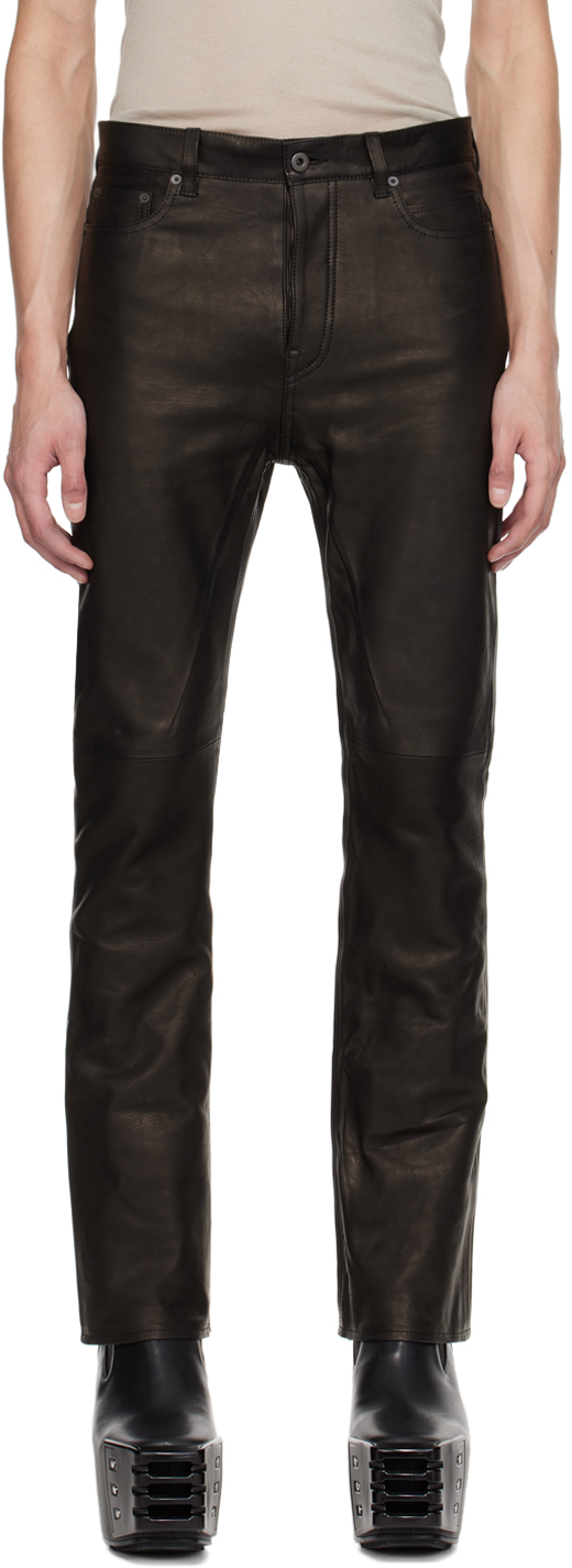 Rick Owens Black Jim Cut Leather Trousers In 09 Black