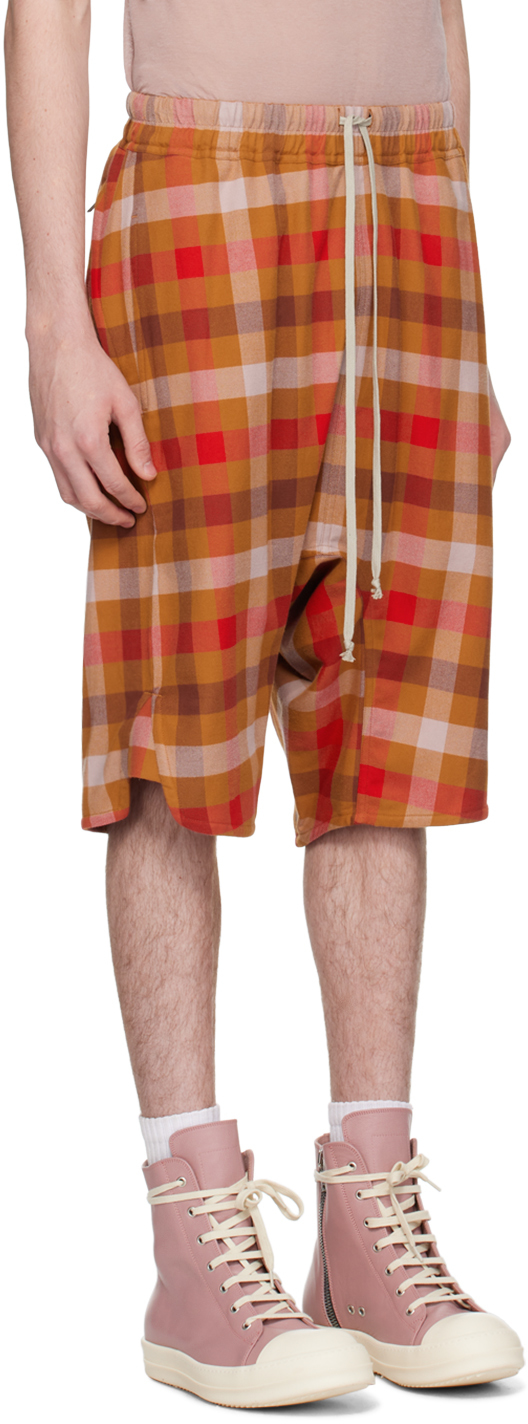 Rick Owens Orange Drawstring Shorts In 53p Clay Plaid