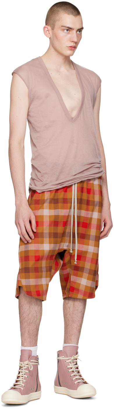 Rick Owens Orange Drawstring Shorts In 53p Clay Plaid