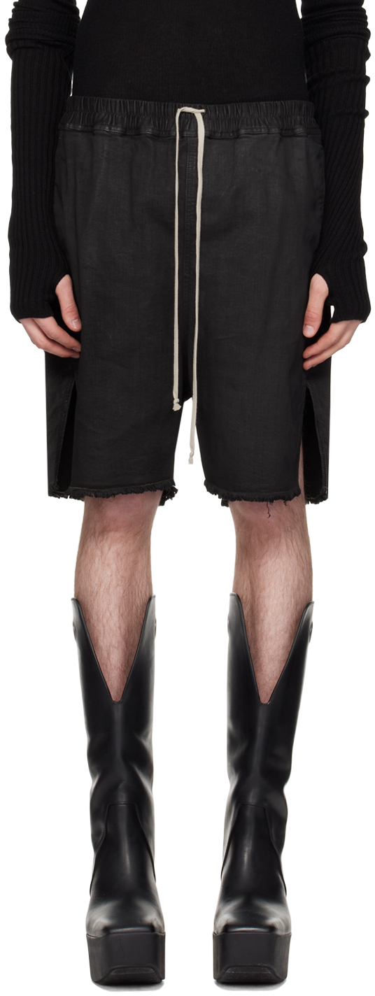 Rick Owens Drop-crotch Waxed-denim Shorts In Black