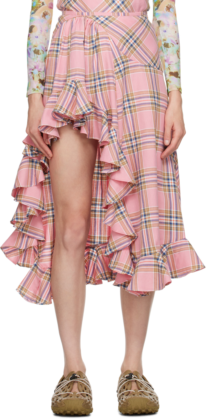 Collina Strada Florist Plaid Asymmetric Ruffled Skirt In Pink Plaid