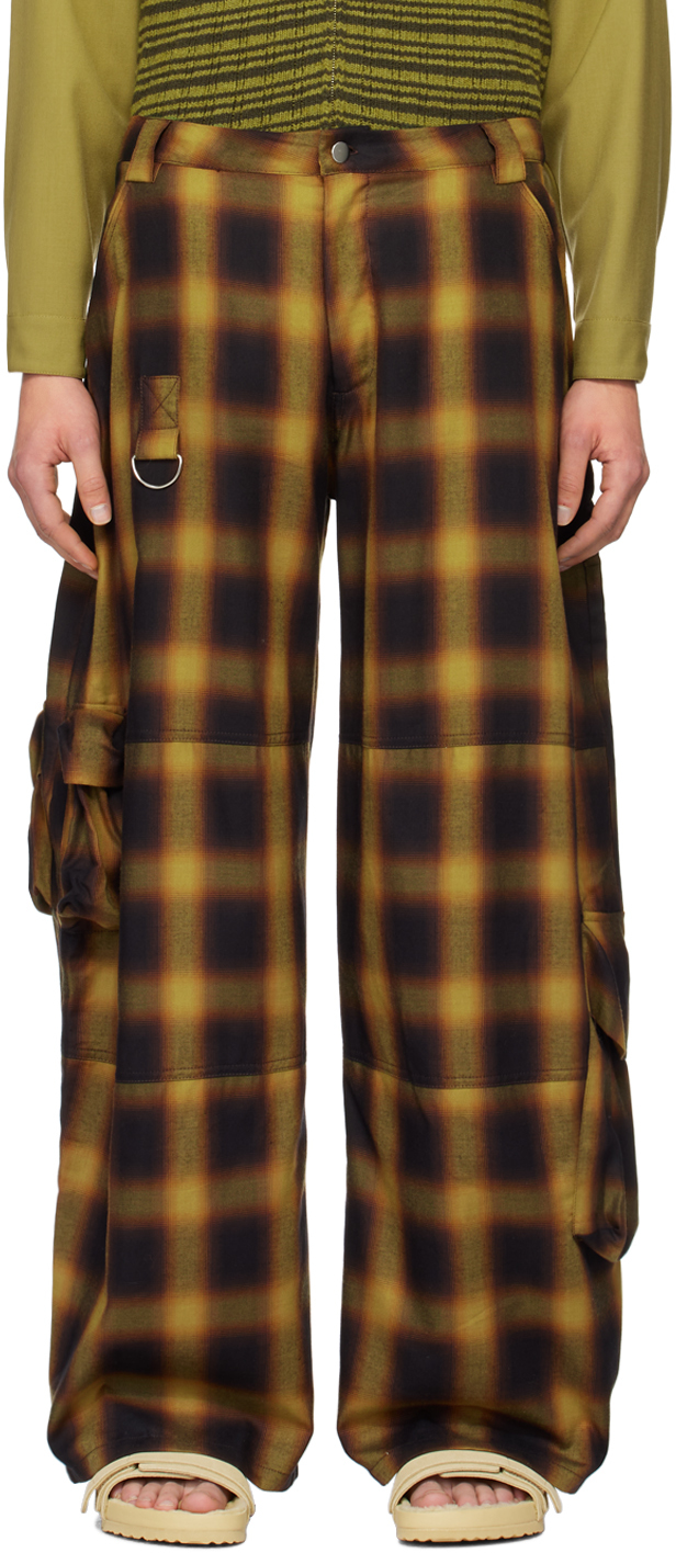 Collina Strada Lawn Wide-leg Checked Organic Cotton-flannel Cargo Trousers In Brown