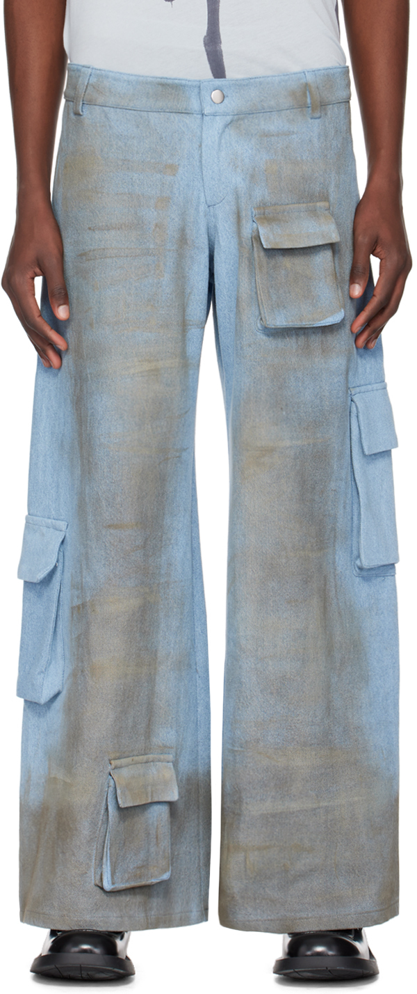 Collina Strada Blue Tatu Denim Cargo Trousers In Light Denim