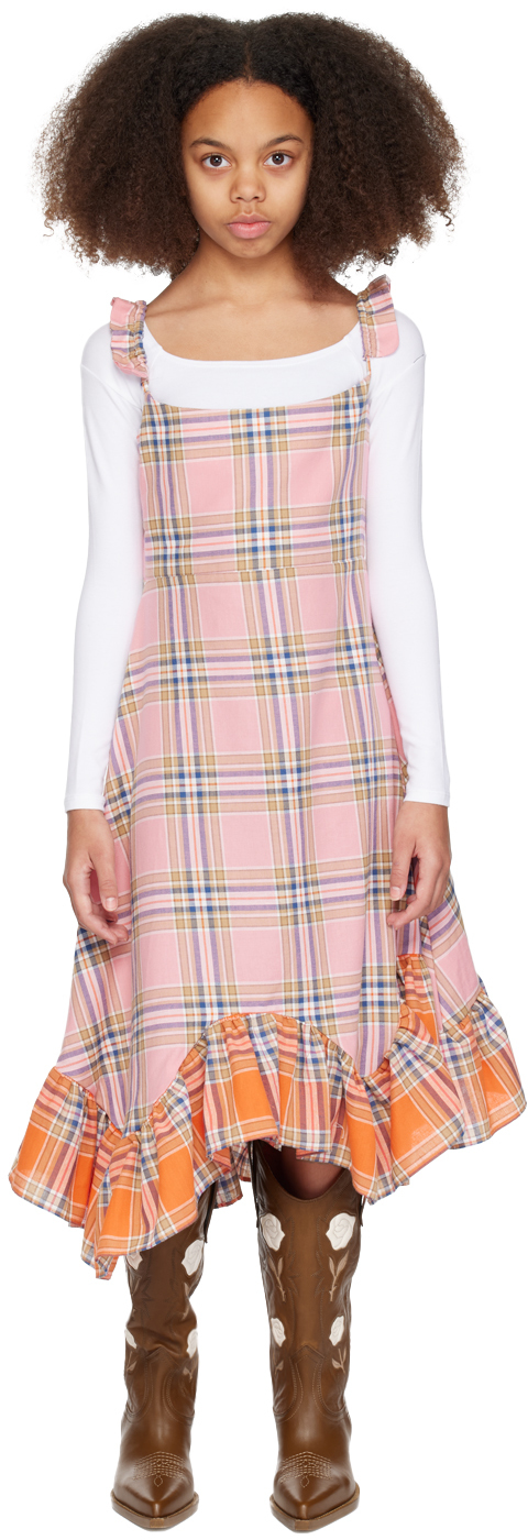 Collina Strada Ssense Exclusive Kids Pink Ruffle Dress In Pink/orange Plaid