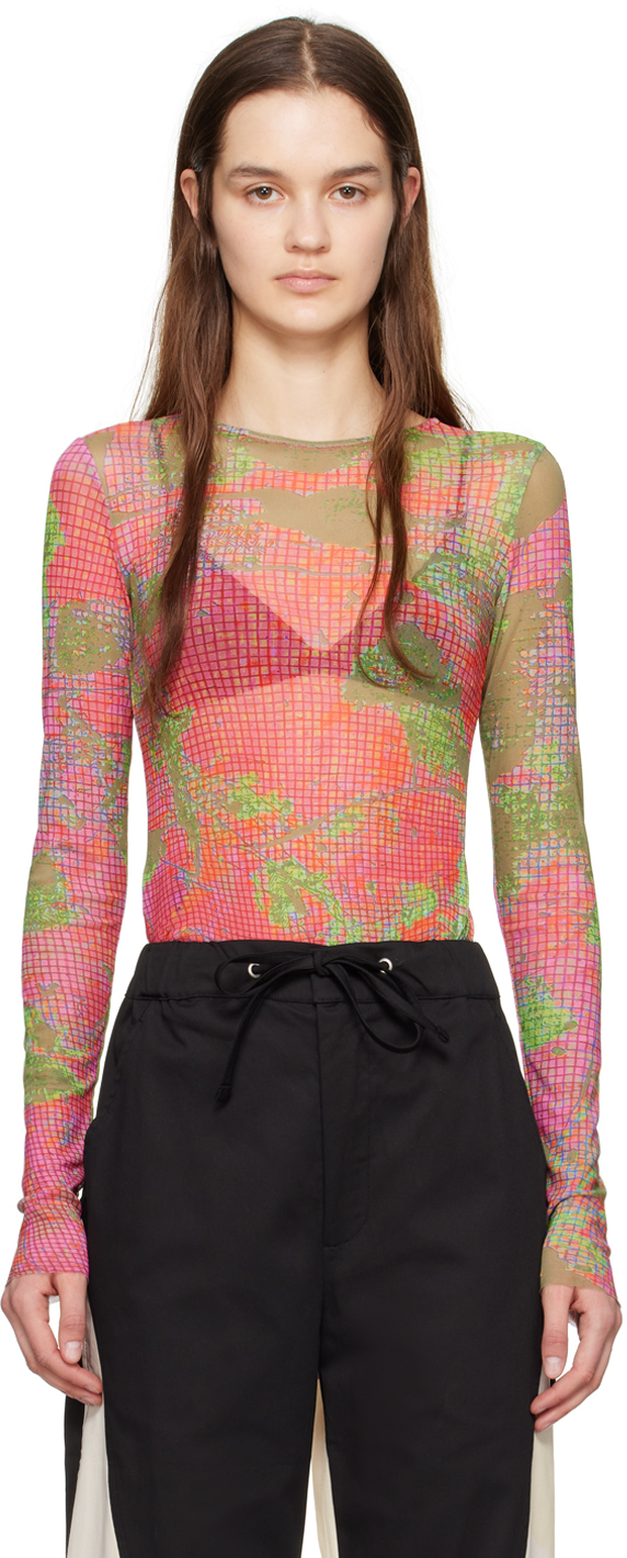 Shop Serapis Pink & Green Graphic Long Sleeve T-shirt In Melon Grid