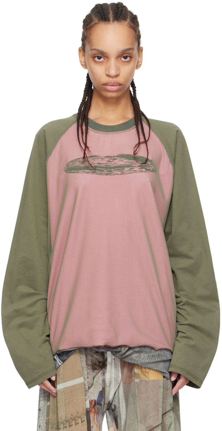 Shop Serapis Ssense Exclusive Khaki & Pink Reversible Long Sleeve T-shirt In Chaki/pink