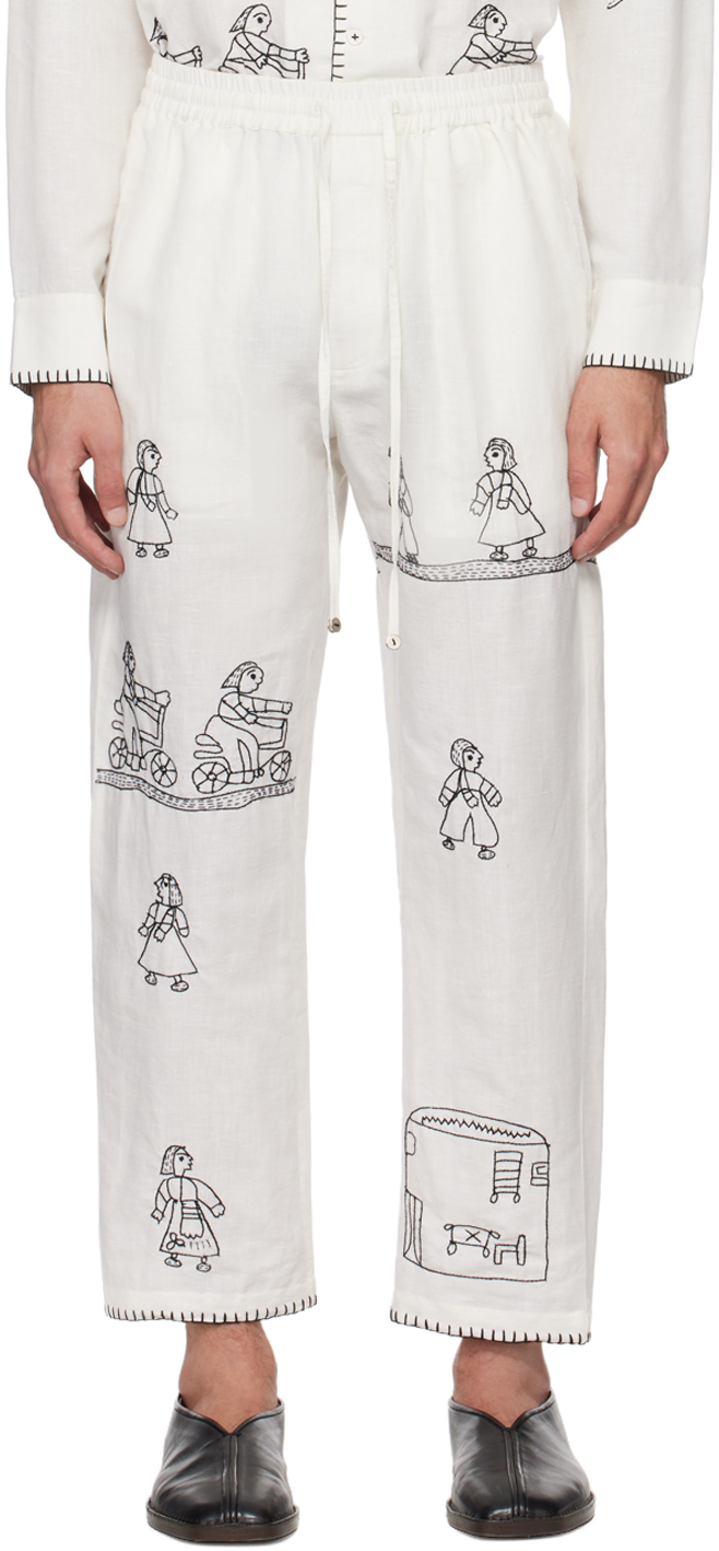 White Embroidered Trousers