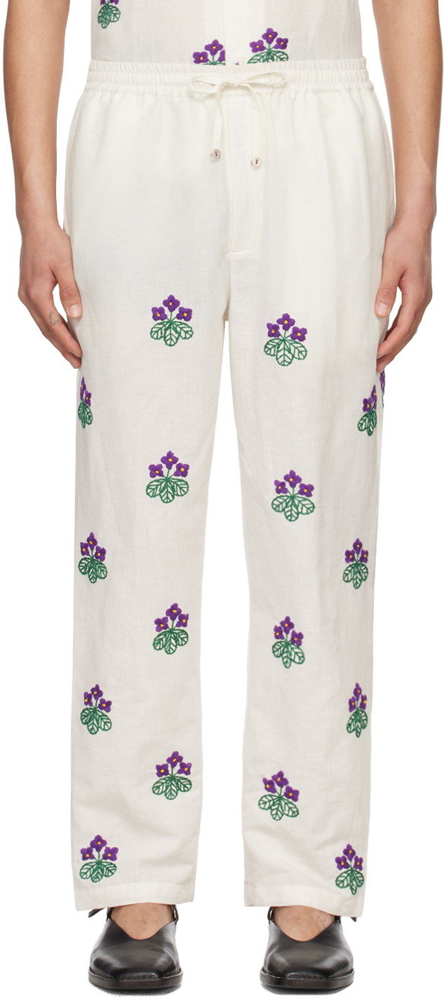 Harago Off-white Floral Trousers In Cream