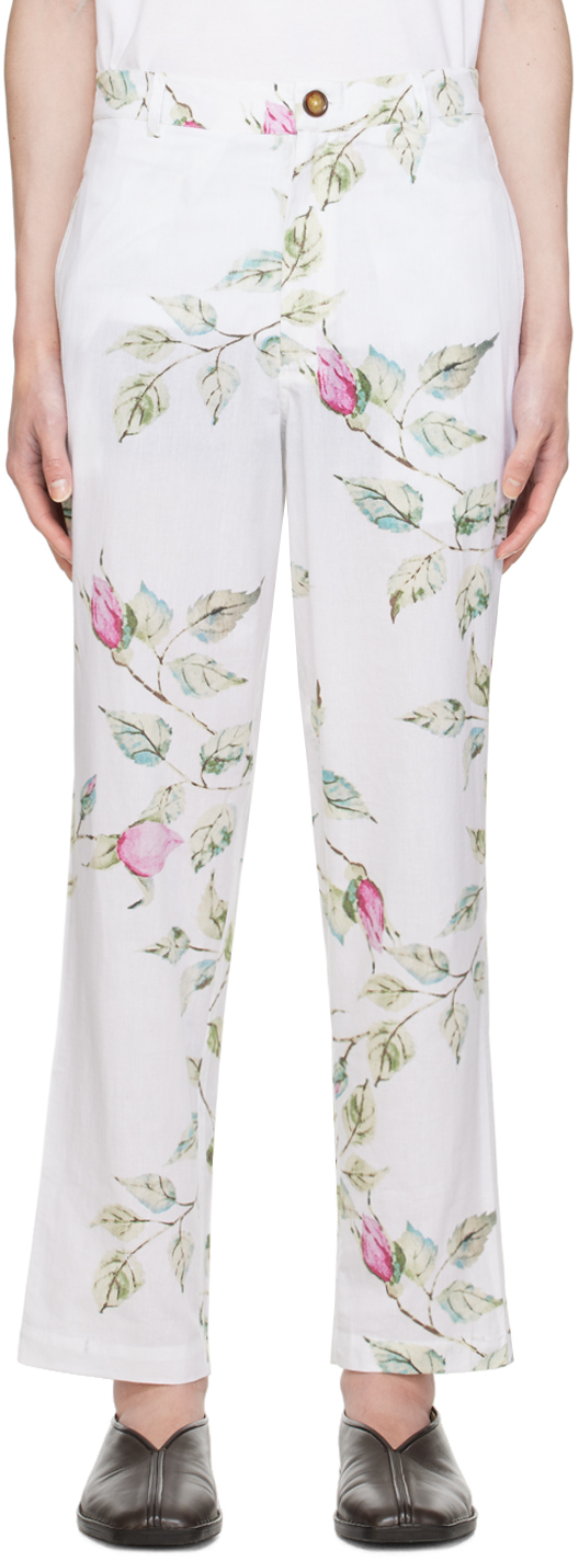 Shop Harago White Floral Trousers In Off White