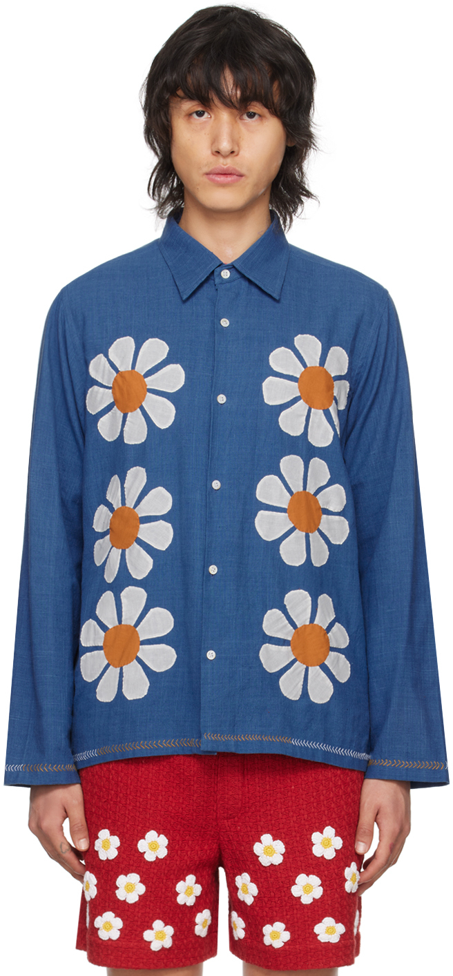 HARAGO Blue Flower Appliqué Shirt
