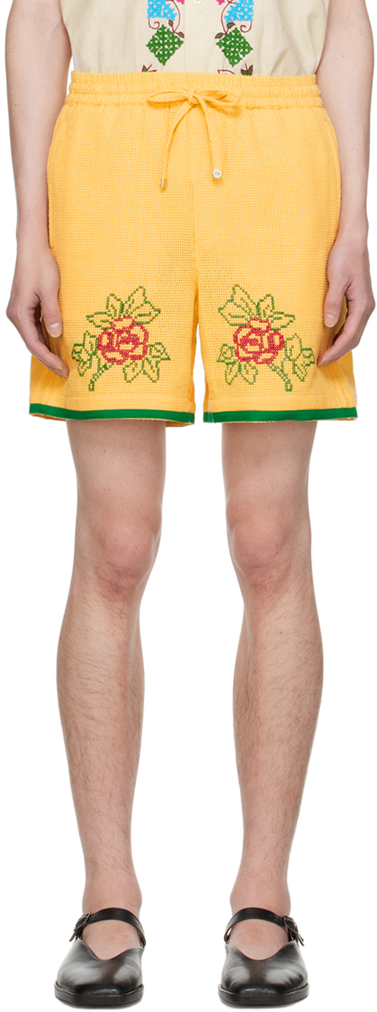 Shop Harago Yellow Cross-stitched Shorts