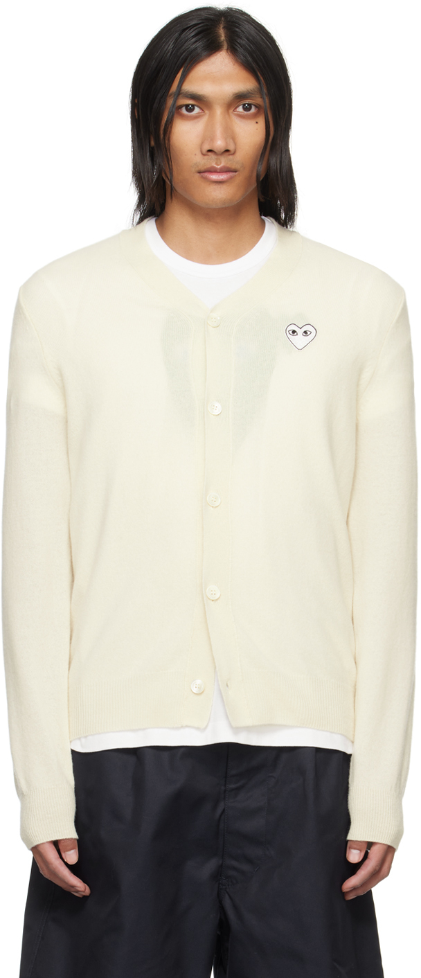 Comme Des Garçons Play Off-white & White Heart Patch Cardigan In Natural