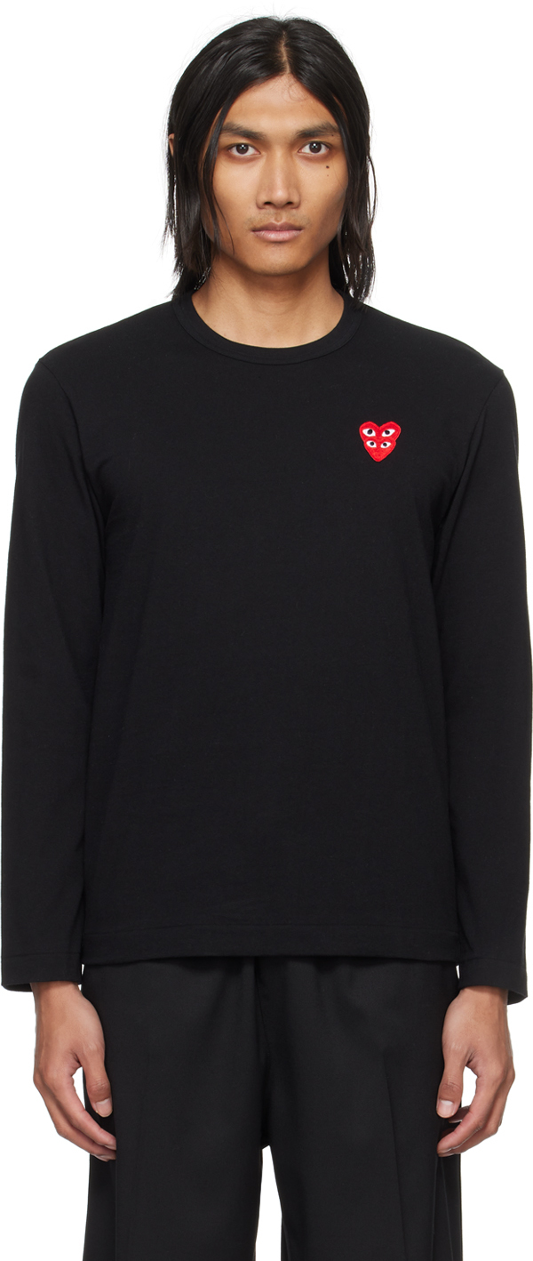Shop Comme Des Garçons Play Black Layered Double Heart Long Sleeve T-shirt In 1 Black