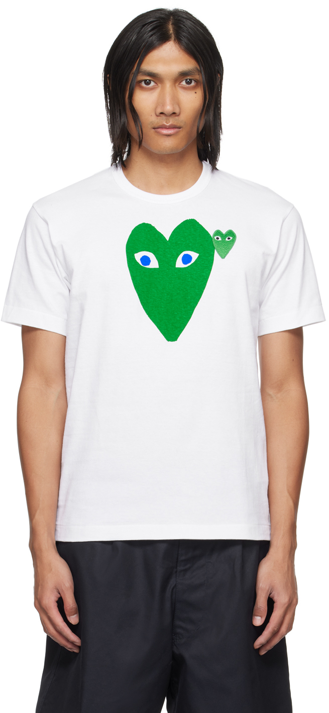 Comme Des Garçons Play White & Green Large Double Heart T-shirt In 1 White