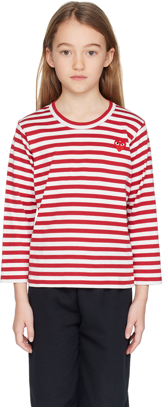 Comme Des Garçons Play Kids White & Red Heart Patch Long Sleeve T-shirt In 4-red